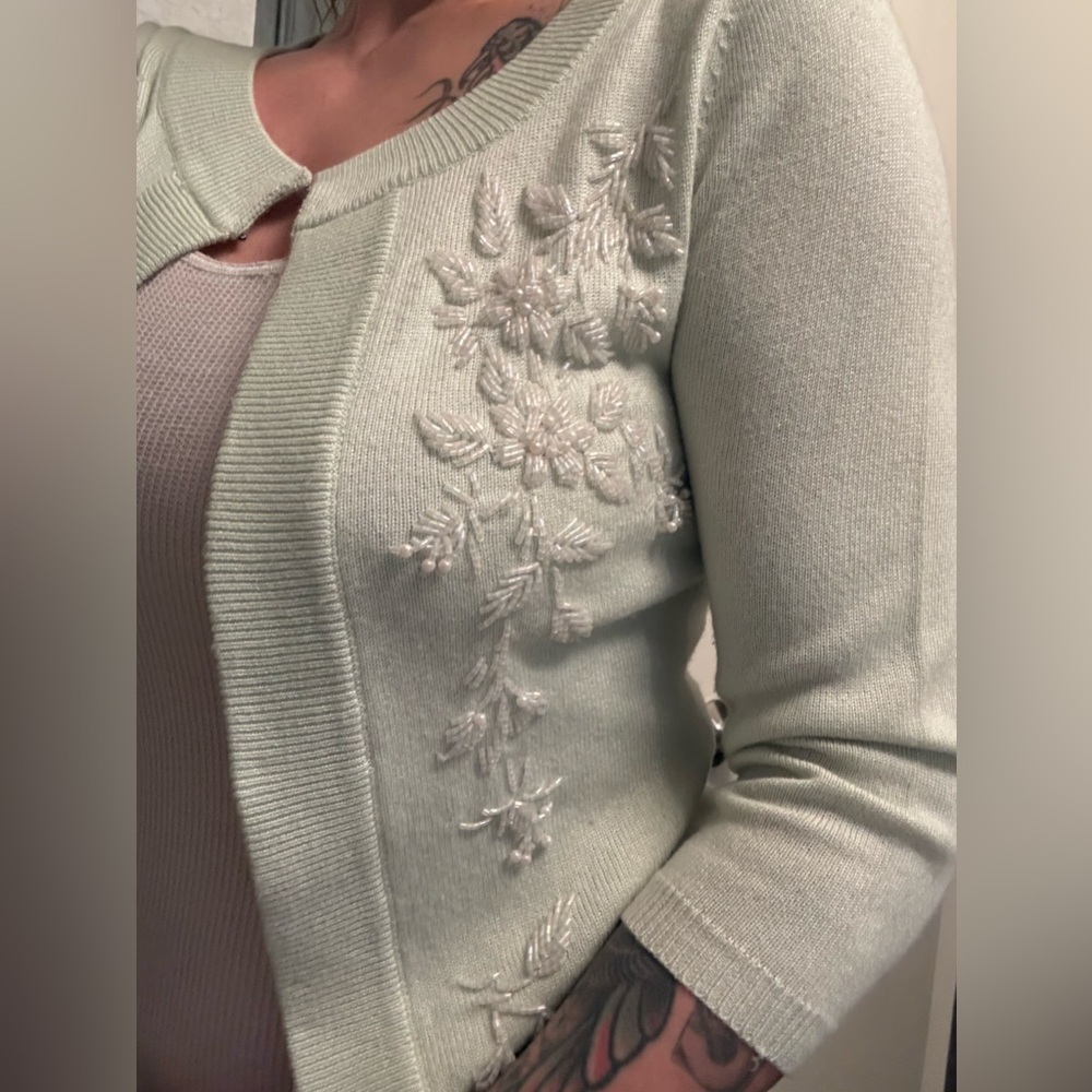 Shine vintage cashmere, silk cardigan sweater.